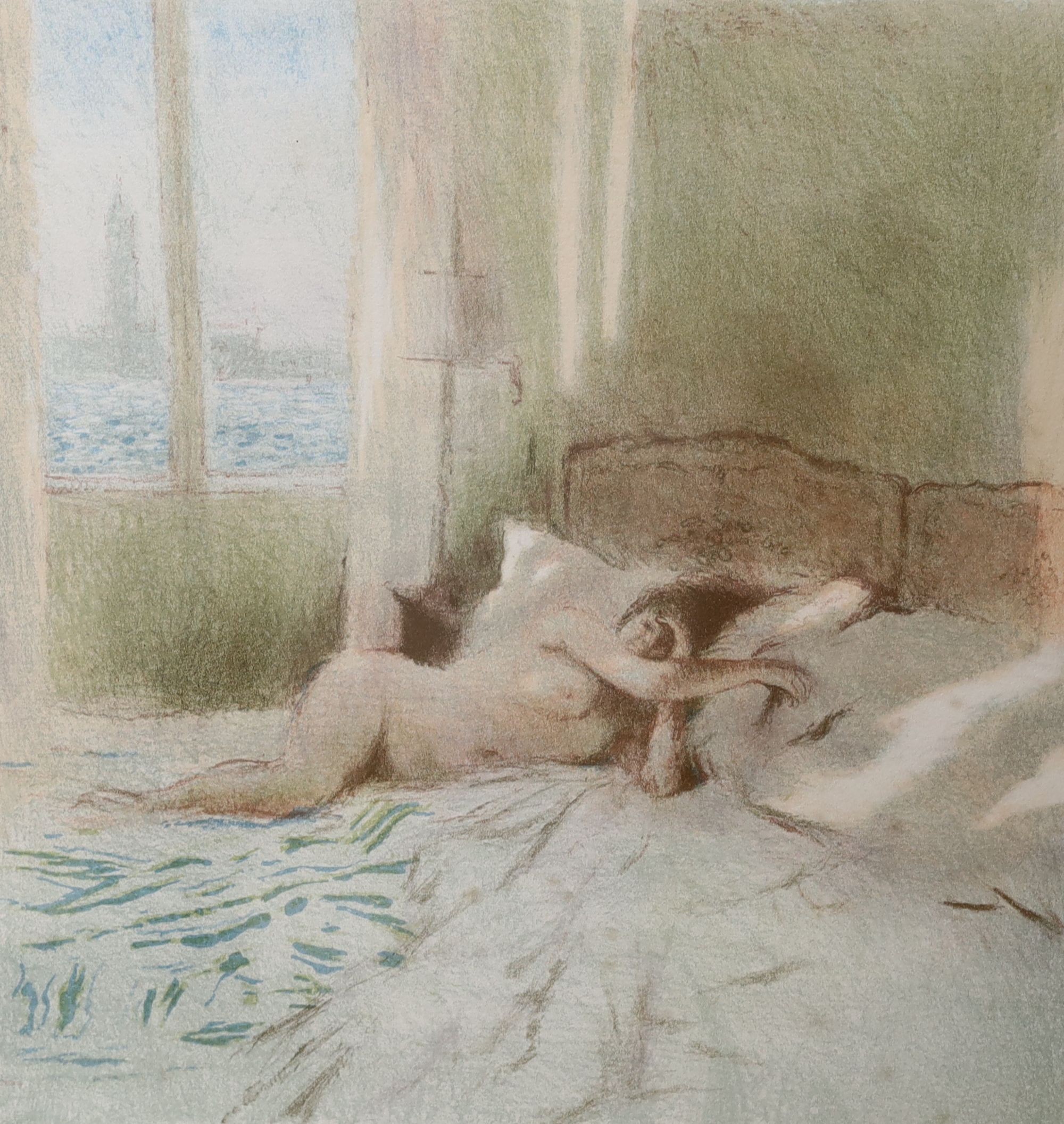 Bernard Dunstan (1920-2017), limited edition print, Reclining nude with Venice beyond, signed in pencil, 169/195, 38 x 35cm